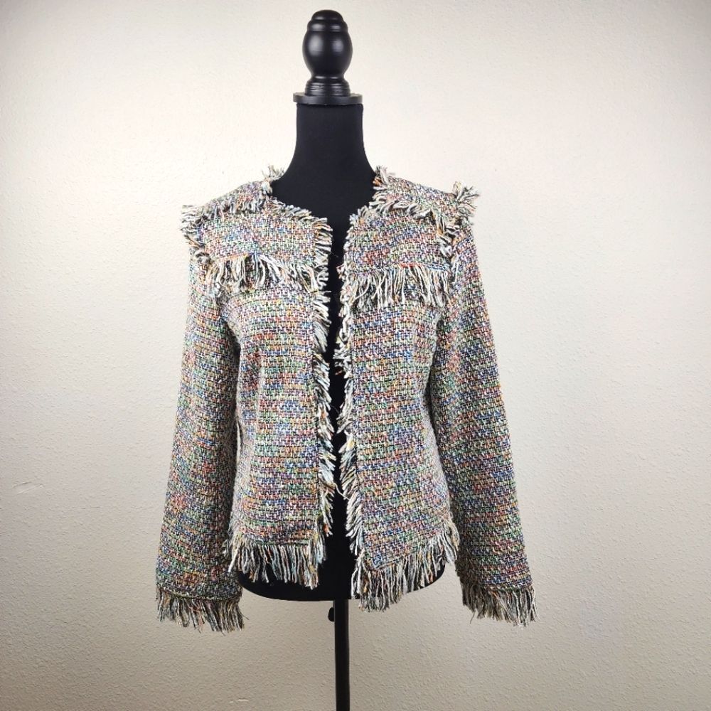 Promesa Colorful Fringe Open Front Tweed BOHO Artsy Statement Jacket Size Large